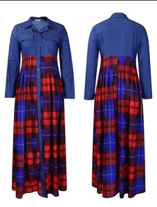 V Neck Elegant Denim Long Dress Elastic Waist Belted Party Cocktail Maxi Dresses - Picture 1 of 6