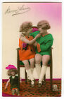 1920s Child Children Blond GIRLS w/ DOLL tinted French Deco photo postcard