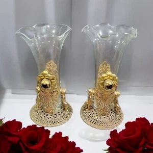 Vtg Pair of Stylebuilt Matson Fluted Bud Vases Cherub Gold Filigree - Picture 1 of 11