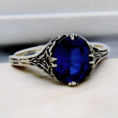 CLASSIC VICTORIAN STYLE 925 STERLING SILVER LAB-CREATED SAPPHIRE RING       #448 - Image 1 of 4