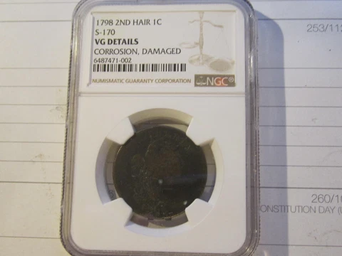 1798 S-170 Draped Bust Large Cent, 2nd Hair, NGC Very Good Details Coin Cover