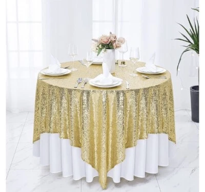 Gold. 50×50 inch Square Sequin Tablecloth. Decoration.  - Image 1 of 4