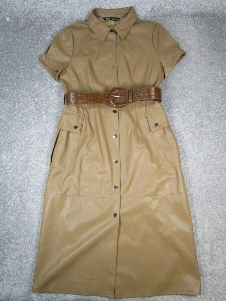 Zara Dress Womens Large Brown Faux Leather Belted - Image 1 of 4