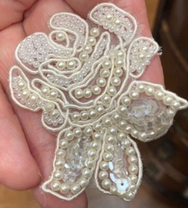 applique flower soutache beads sequins 2x2 3/4" pearls hand sewn cream 1pc - Picture 1 of 3