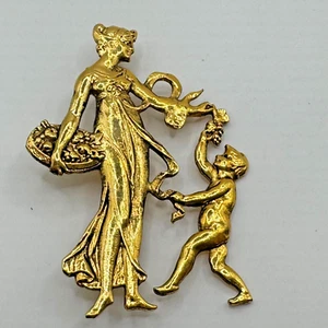 Victorian Beautiful Woman cherub angel fruit repro Gilded Brass pin brooch - Picture 1 of 7