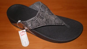 FITFLOP Fit Flop Lulu CRYSTAL Silver Gray LEOPARD Slip On Thong Sandal Shoes 10 - Picture 1 of 10
