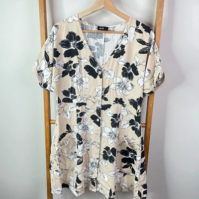 Dotti Mini Dress Womens 12 Ivory Floral Linen Blend Short Sleeve Button Front Foto 1 de 4