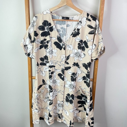 Dotti Mini Dress Womens 12 Ivory Floral Linen Blend Short Sleeve Button ...