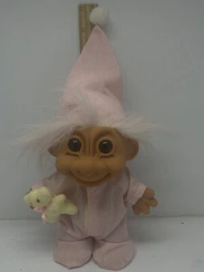 RUSS TROLL DOLL w/ Pink Pajamas / Teddy Bear VINTAGE 8” Tall white hair 1993 - Picture 1 of 5