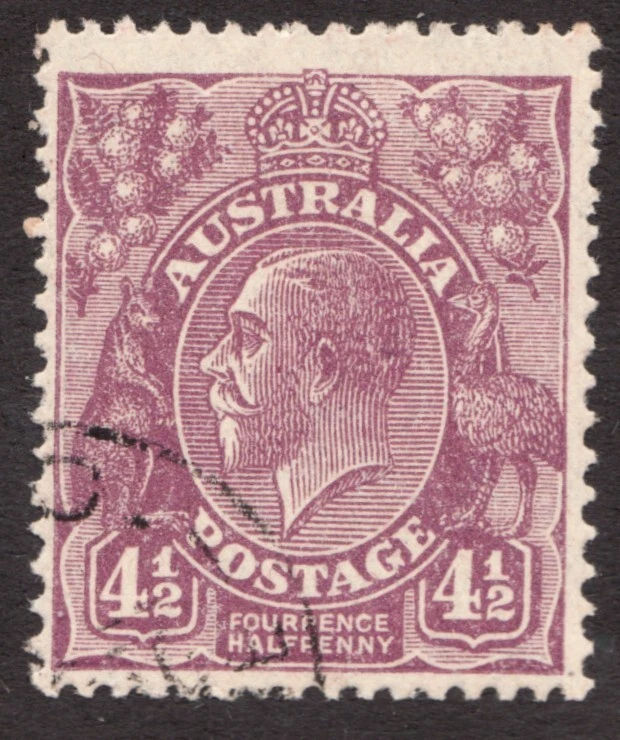 1928 Australia Sc# 74a - 4½ Pence - KGV, Emu & Kangaroo - Used stamp Cv$29 - Image 1 of 1