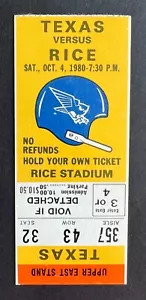 Boleto de fútbol americano de la NCAA Texas Longhorns vs Rice Owls 1980 de colección 4/10/80 - Imagen 1 de 1