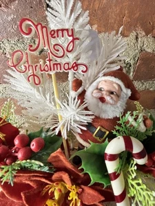 VTG Flocked Rubber Face Santa Ornament Artificial Holly Yule Log Centerpiece MCM - Picture 1 of 8