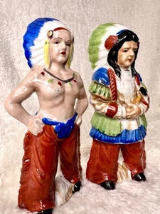 Vintage Japan Native American Indian Figurines Pair Hand Painted Ceramic 1950s - Picture 1 of 6