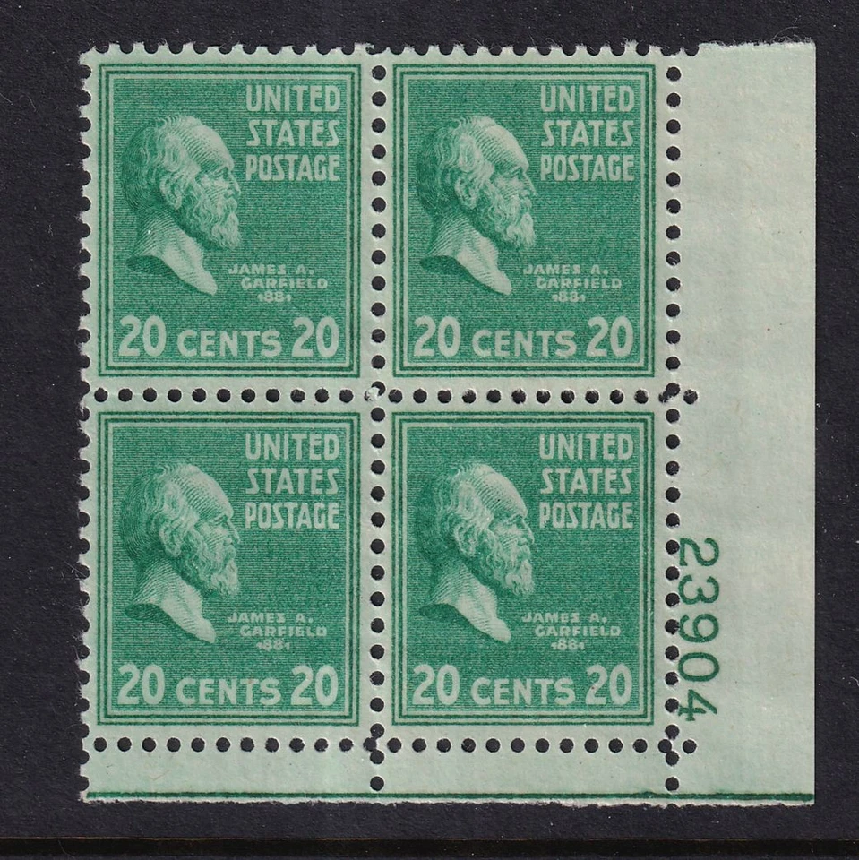 1938 PREXY James Garfield Sc 825 20c MNH plate block Presidential Series (B14 - Image 1 of 1