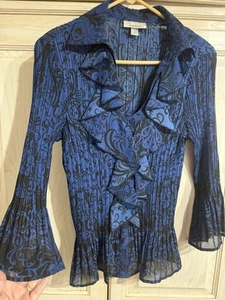 Dress Barm Blouse Womens Medium M Blue Black Ruffle Ribbed Button V Neck - Picture 1 of 6
