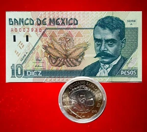 Mexico 10 PESOS ZAPATA  Banknote  COIN 20 PESOS   LOT 2 PC - Picture 1 of 2