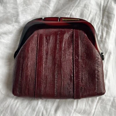 Bolsa de mão vintage Lizard 40’s couro borgonha com alça BAQUELITE Art Deco - Imagem 1 de 4