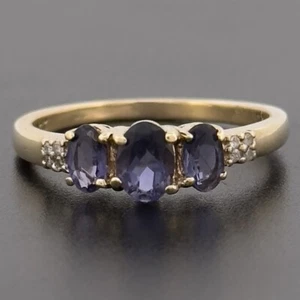 9ct Yellow Gold Iolite & Diamond Three Stone Cluster Ring Size P Hallmarked - Picture 1 of 10