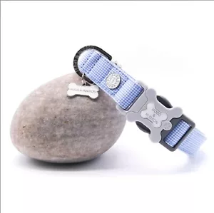 Hugo and Hudson Dog Collar Medium - Luxury Light Blue Gingham Bone Buckle -*NEW* - Picture 1 of 5