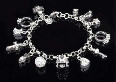 925 Sterling Silver plated Fashion Bracelet Chain Link Charm Free Organza Bag 8" Foto 1 de 3