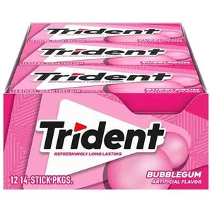 Trident Bubblegum Sugar Free Gum, 12 Packs of 14 Pieces (168 Total Pieces) - Picture 1 of 3