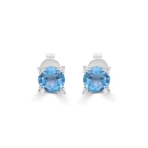 10K White Gold 1.14 Carat Natural London Blue Topaz and Diamonds Studs Earrings - Picture 1 of 4