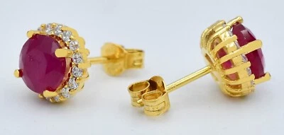 GENUINE 3.26 Cts RUBY &  WHITE SAPPHIRES STUD EARRINGS 14k YELLOW GOLD PLATED - Image 1 of 4