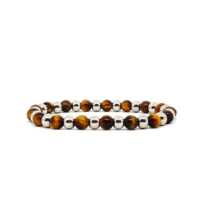 Bracciale occhio di tigre in acciaio inox perle pietre dure braccialetto da uomo - Foto 1 di 3