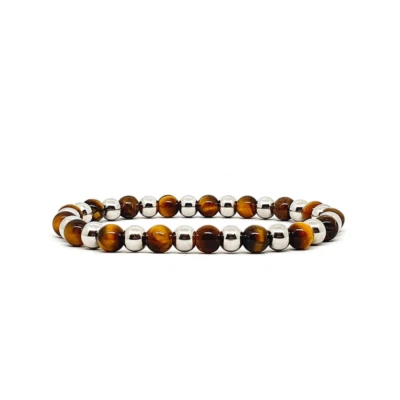 Bracciale occhio di tigre in acciaio inox perle pietre dure braccialetto da uomo - Immagine 1 di 4