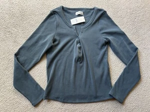 Maglietta Hollister tessuto senza cuciture a costine Henley ardesia scura manica lunga top L L - Foto 1 di 9