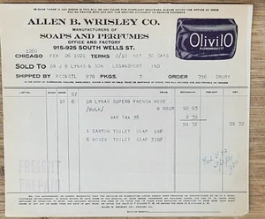1920 Billhead Chicago Illinois Allen B Wrisley Soaps Perfumes - Picture 1 of 3