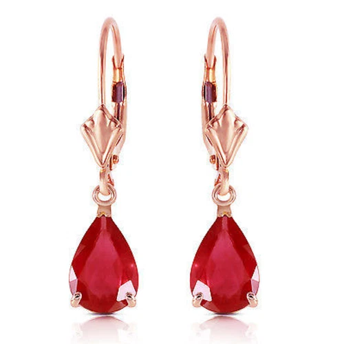 Rose Gold Ruby Earrings Leverback Dangle 14K 3.5 CTW Natural Red Gemstone - Image 1 of 1