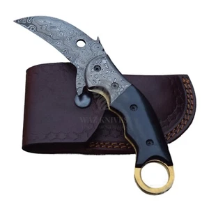 Custom Made Damascus Karambit Folding/Pocket Hunting Knife 10 inch Horn Handle - Picture 1 of 8