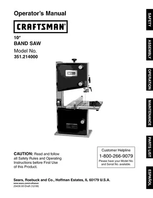 Owner's Manual & Parts List  Sears Craftsman 10  Band Saw - Model 351.214000 • 18.63£