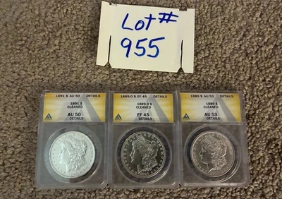 Morgan Dollar - Lot Of 3- 90% Anacs Cleaned. 1891-1889O-1889. See Pics Lot # 955 - Image 1 of 4