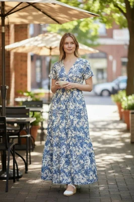 Anthropologie Somerset Maxi Dress Women's XS Blue White Floral Tiered Summer - Image 1 of 4
