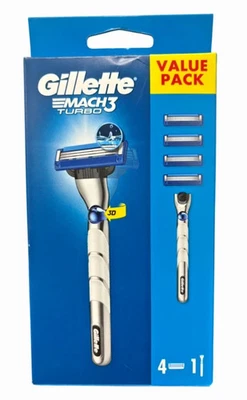 Gillette Mach3 Turbo 3D Razor Handle + 4 Refill Blades | Value Pack | NEW & Seal