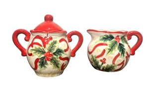 Maxcera Christmas Cream and Sugar Set Mistletoe Pattern Ceramic Oversized Set - Picture 1 of 11
