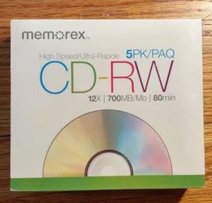 Memorex 5 Pack High Speed 12x CD-RW Media 700MB 80min Discs In Slim Cases - Afbeelding 1 van 2