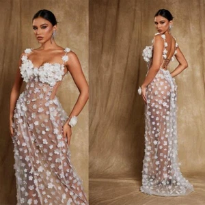 Elegante weiße Blumen High Split Kleider sexy schulterfrei Perlen transparent Kleider - Bild 1 von 10
