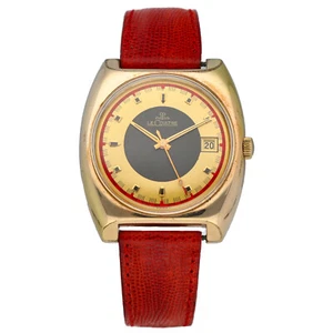 Vintage Le Coultre 14k Gold Electroplate Fancy Dial Leather Manual Wind Watch - Picture 1 of 8