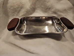 MCM Vintage Danish Tray Wood Handles Small Stainless Steel Trinket - Picture 1 of 9