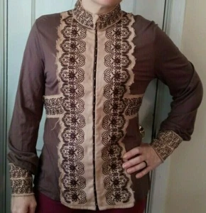 Tunica donna Plenty by Tracy Reese/stile boho LS top marrone e marrone occhio di gancio taglia L - Foto 1 di 6
