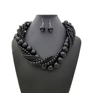 Women's Simulated Twist Pearl Statement Collar Necklace & Earring Set NPY6549