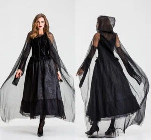 Women Halloween Costume  Hooded Mesh Cloak Cosplay Magician Gothic Dress Clothes - Picture 1 of 9
