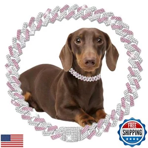 Pink Gold Chain Collar Bling Diamond Cuban Link Dog Collars Necklace Glitter - Picture 1 of 5
