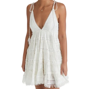 Rococo Sand Fil Coupe Boho Mini Dress S White Tiered Crochet Lace Beachy Tassels - Picture 1 of 8