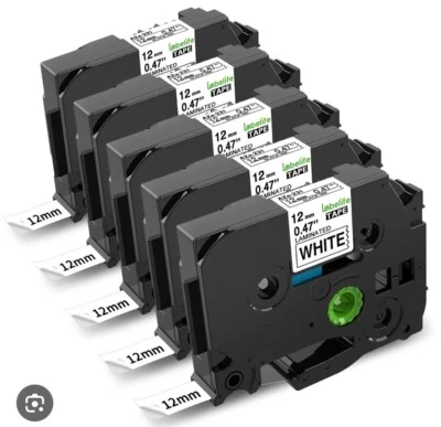 Labelife 5-Pack Black Ink On White Laminated Label Brother PT 12mm 0.47" TZe231