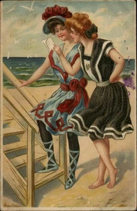 Antique Bathing Beauties Swimsuit Postcard - Two Victorian Women 1909 - Picture 1 of 2