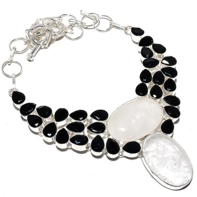 Luna Quarzo, Onice Gemma a Mano 925 Argento Sterling Gioielli Collana 45.7cm - Immagine 1 di 4